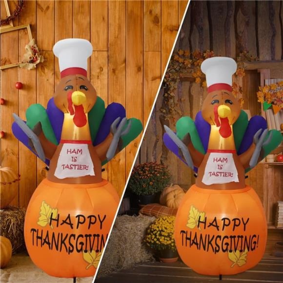 6ft Christmas Inflatable Outdoor Decorations, Chef Turkey with LED Lights - Picture 5 of 7